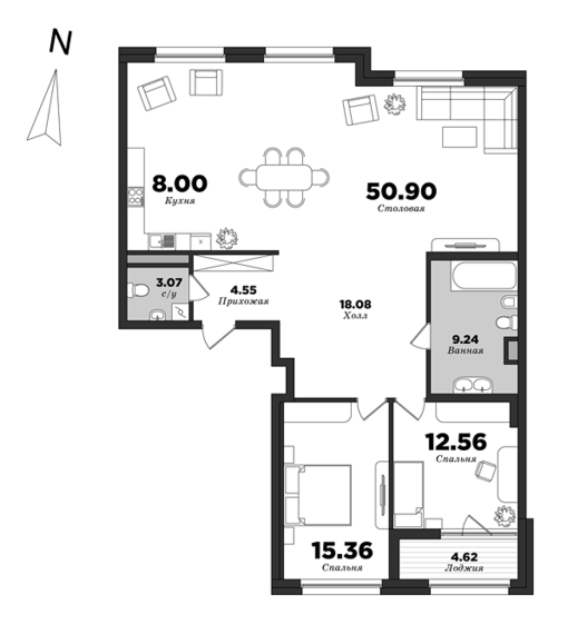 Приоритет, Корпус 1, 2 спальни, 124.07 м² | планировка элитных квартир Санкт-Петербурга | М16